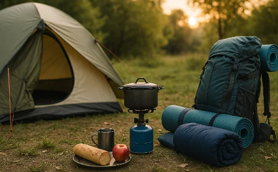 Campingplatz mit Zelt und Rucksack