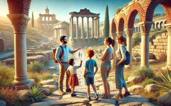 Familie in römischer Kulturstätte - Symbolbild